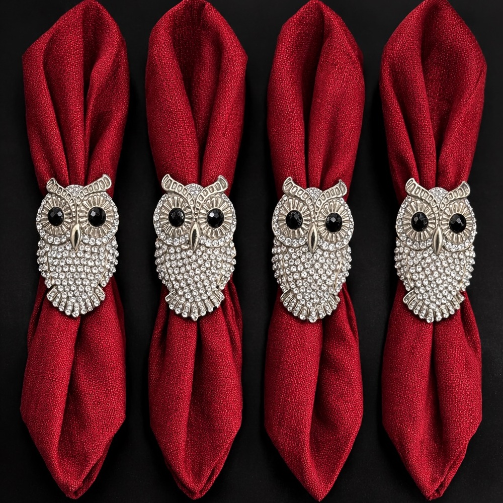 Tahari Home Owl Rhinestone Napkin Rings Set 4 Silver Tone Sparkle Table Decor
